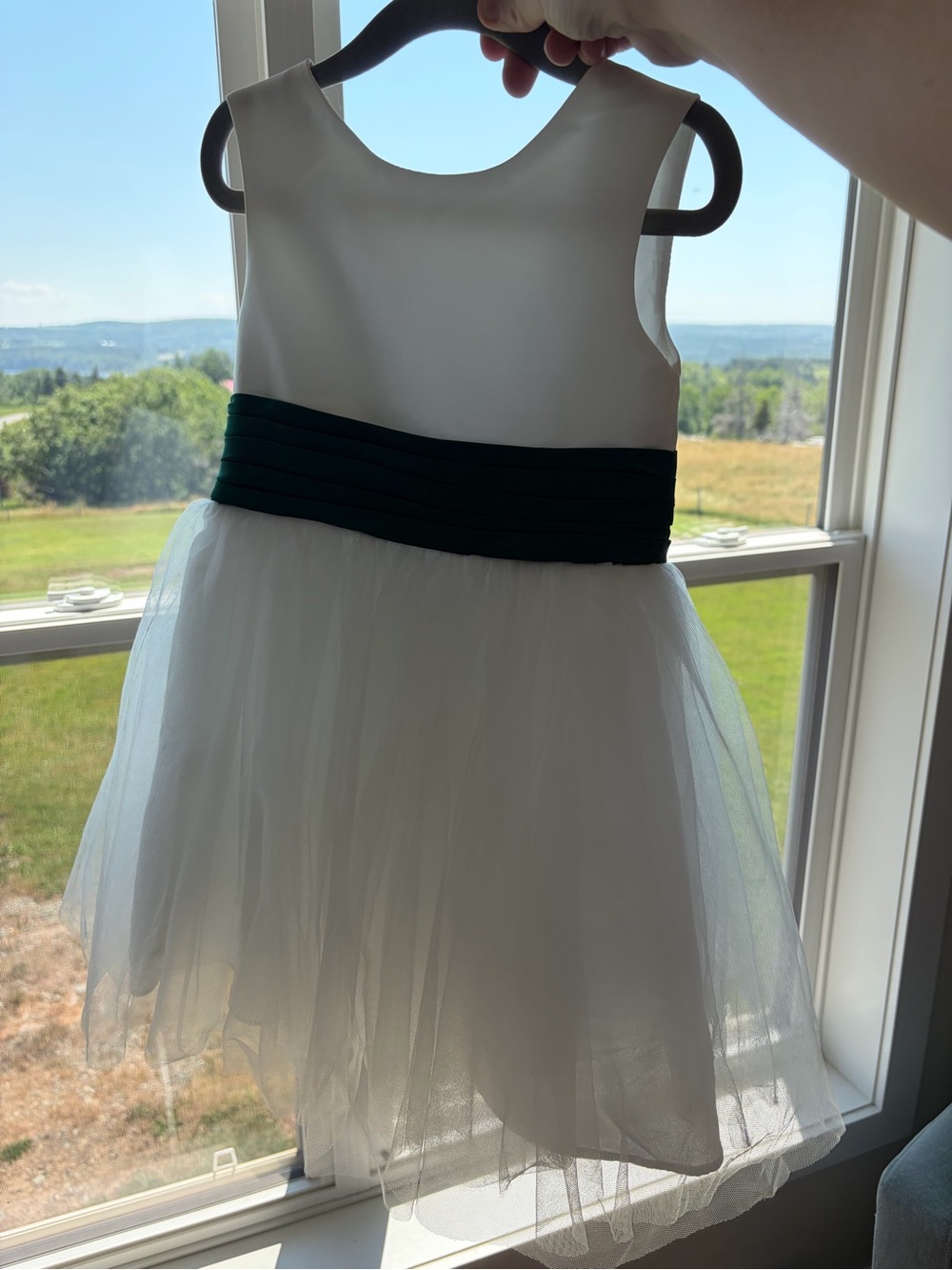 Azazie White Tulle Flower Girl Dress with Dark Green Sash